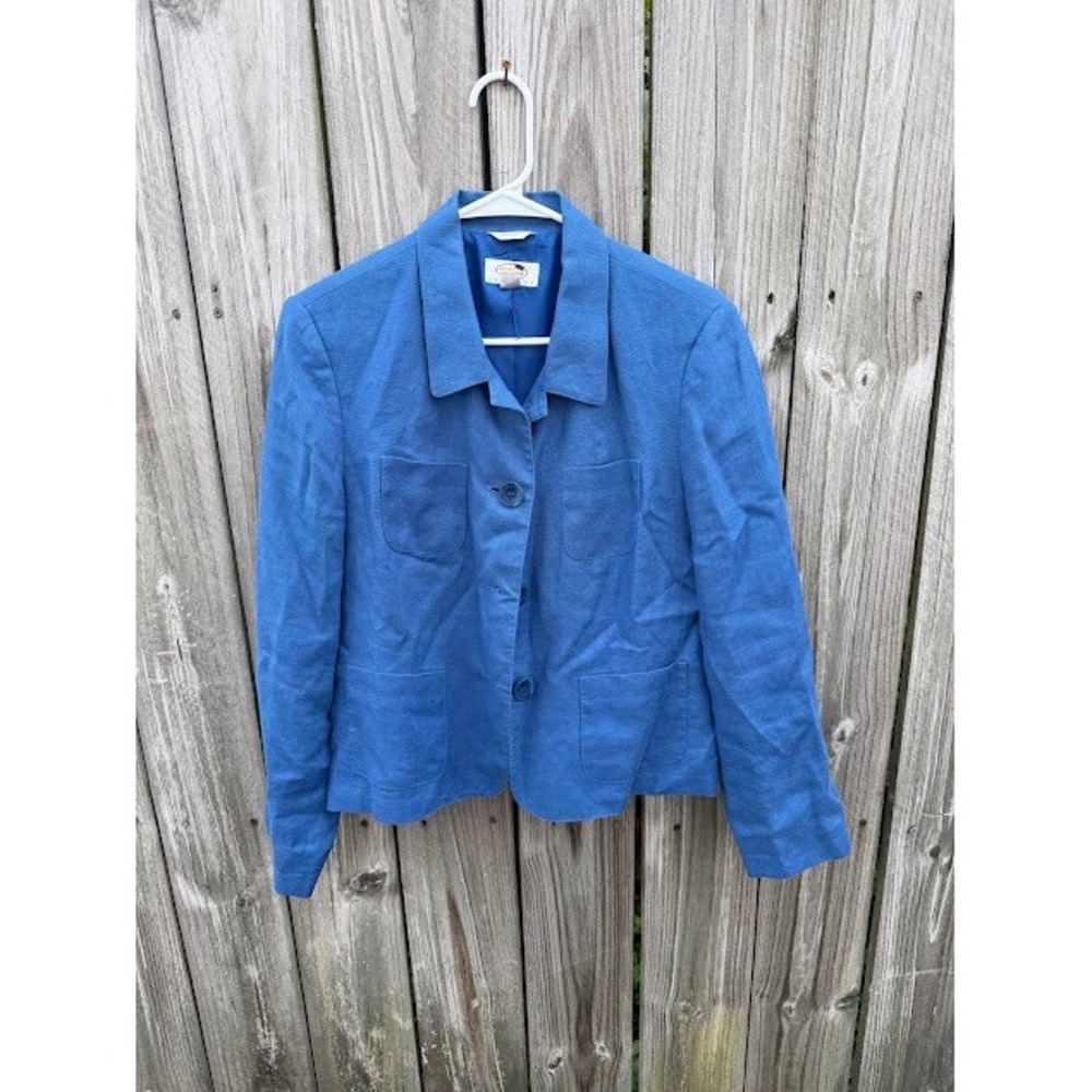 Linen Coastal Grandma Talbots Blazer 12P Blue Irish Linen Patch Pocket Jacket